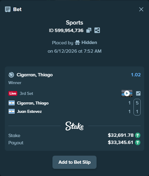 Bet slip: Cigarran, Thiago - Juan Estevez, $32,724.47 stake at 1.02 odds, placed by Hidden