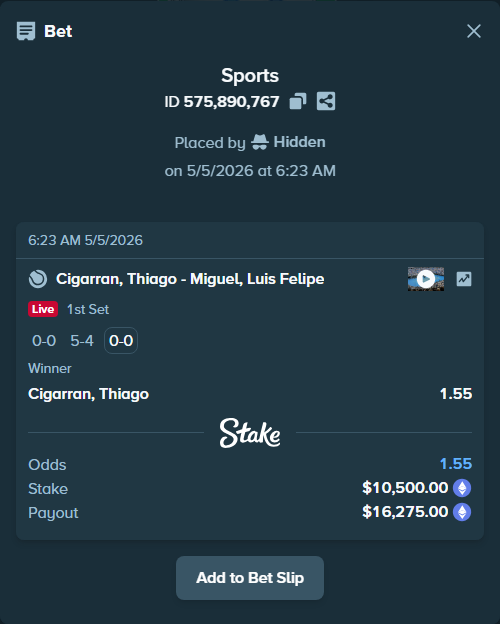 Bet slip: Cigarran, Thiago - Miguel, Luis Felipe, $7,750.72 stake at 1.55 odds, placed by Hidden