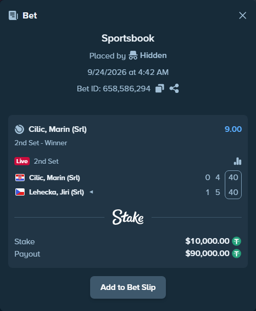 Bet slip: Cilic, Marin (Srl) - Lehecka, Jiri (Srl), $10,000.00 stake at 9.00 odds, placed by Hidden