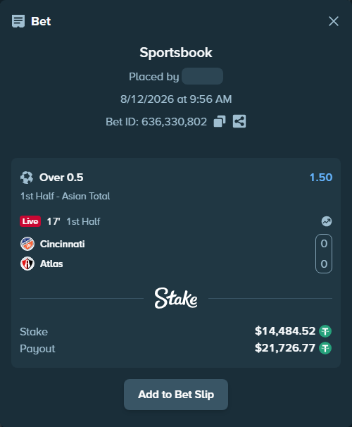Bet slip: Cincinnati - Atlas, $14,499.00 stake at 1.50 odds, placed by tlwns4736