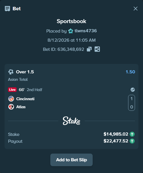 Bet slip: Cincinnati - Atlas, $15,000.00 stake at 1.50 odds, placed by tlwns4736