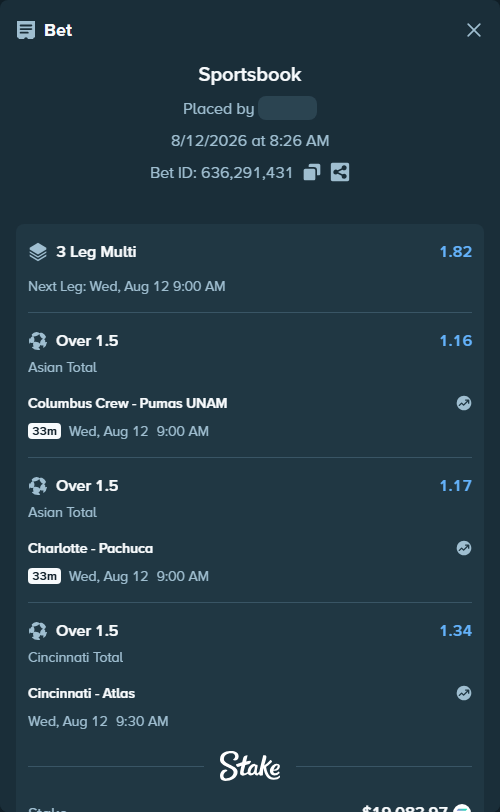 Bet slip: Cincinnati - Atlas, $19,040.00 stake at 1.34 odds, placed by RichHalif