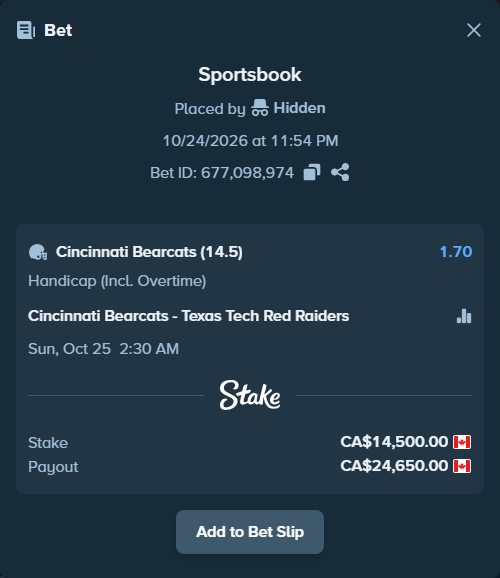 Bet slip: Cincinnati Bearcats - Texas Tech Red Raiders, $10,730.00 stake at 1.70 odds, placed by Hidden