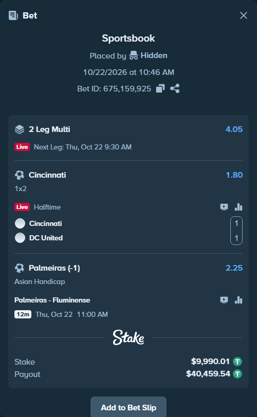Bet slip: Cincinnati - DC United, $10,000.00 stake at 1.80 odds, placed by Agus1033
