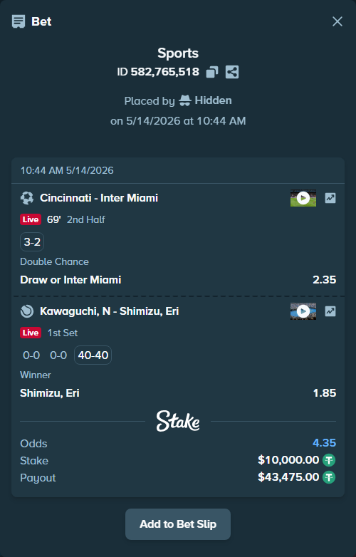 Bet slip: Cincinnati - Inter Miami, $10,000.00 stake at 2.35 odds, placed by Hidden