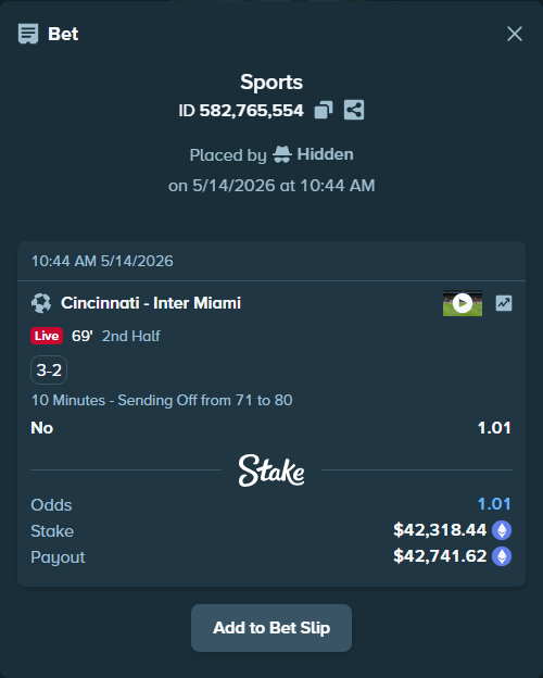Bet slip: Cincinnati - Inter Miami, $32,378.19 stake at 1.01 odds, placed by Hidden