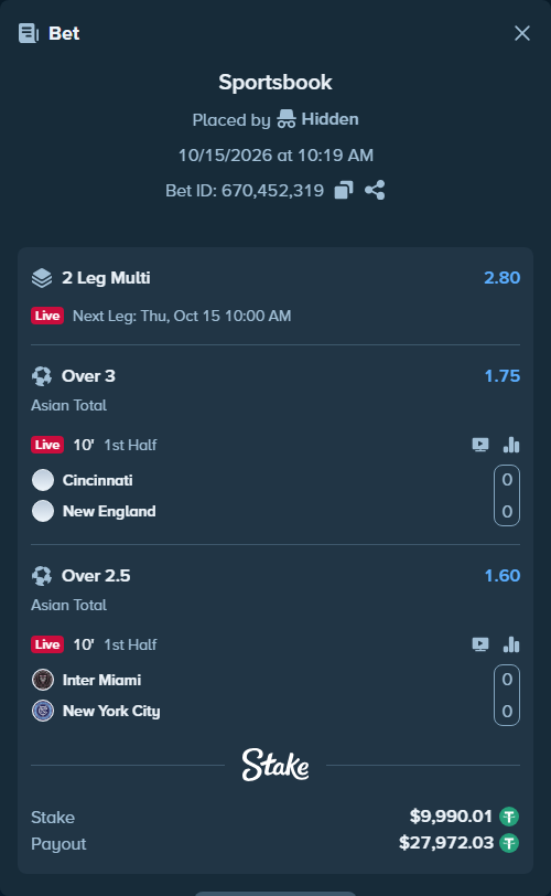 Bet slip: Cincinnati - New England, $10,000.00 stake at 1.75 odds, placed by tlwns4736