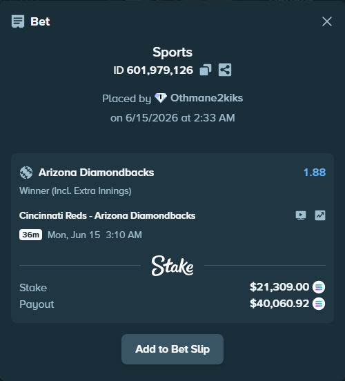 Bet slip: Cincinnati Reds - Arizona Diamondbacks, $23,198.47 stake at 1.88 odds, placed by Othmane2kiks