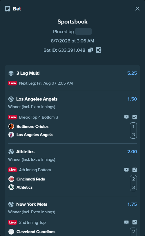 Bet slip: Cincinnati Reds - Athletics, $10,602.03 stake at 2.00 odds, placed by Mashko21