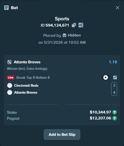 Bet slip: Cincinnati Reds - Atlanta Braves, $10,355.31 stake at 1.18 odds, placed by AghoriThakur