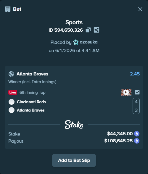 Bet slip: Cincinnati Reds - Atlanta Braves, $38,492.66 stake at 2.45 odds, placed by azosuka