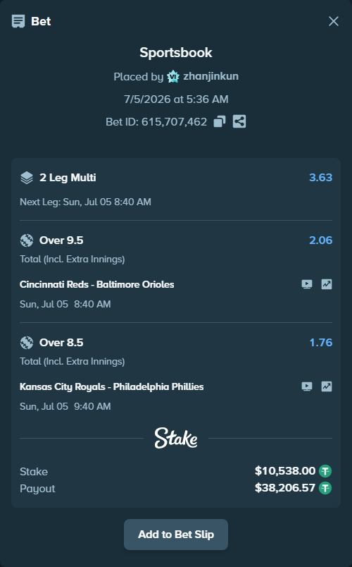 Bet slip: Cincinnati Reds - Baltimore Orioles, $10,548.54 stake at 2.06 odds, placed by zhanjinkun