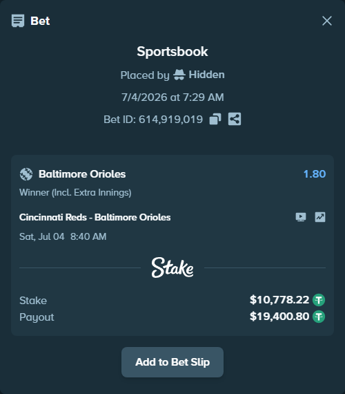Bet slip: Cincinnati Reds - Baltimore Orioles, $10,789.00 stake at 1.80 odds, placed by Hidden