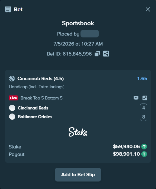 Bet slip: Cincinnati Reds - Baltimore Orioles, $60,000.00 stake at 1.65 odds, placed by ayoflasher