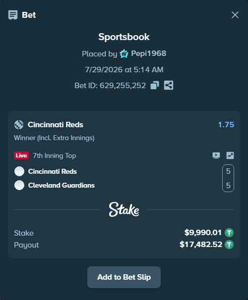 Bet slip: Cincinnati Reds - Cleveland Guardians, $10,000.00 stake at 1.75 odds, placed by Pepi1968