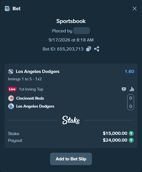 Bet slip: Cincinnati Reds - Los Angeles Dodgers, $15,000.00 stake at 1.60 odds, placed by Pepi1968