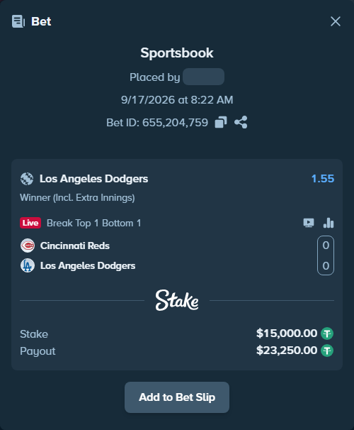 Bet slip: Cincinnati Reds - Los Angeles Dodgers, $15,015.00 stake at 1.55 odds, placed by OSleezy777