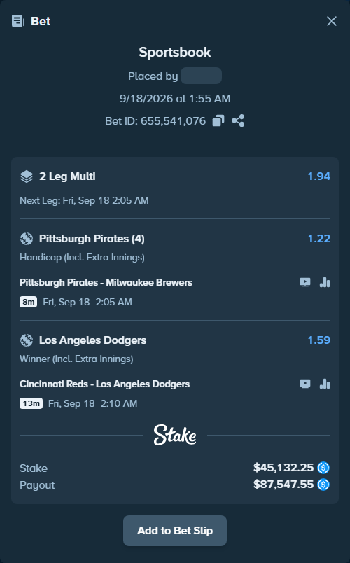 Bet slip: Cincinnati Reds - Los Angeles Dodgers, $45,132.25 stake at 1.59 odds, placed by Marvin123421