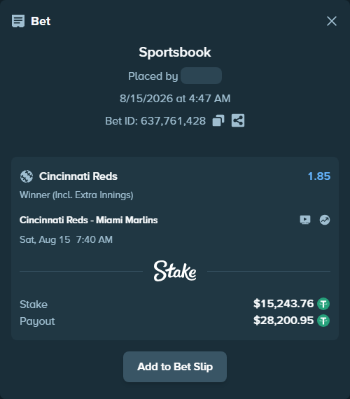 Bet slip: Cincinnati Reds - Miami Marlins, $15,259.00 stake at 1.85 odds, placed by GoodVibes1