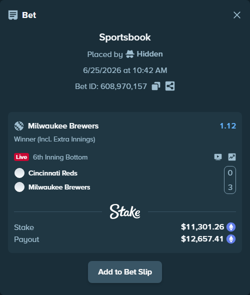 Bet slip: Cincinnati Reds - Milwaukee Brewers, $11,052.79 stake at 1.12 odds, placed by Hidden