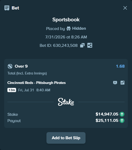 Bet slip: Cincinnati Reds - Pittsburgh Pirates, $14,962.00 stake at 1.68 odds, placed by Pepi1968
