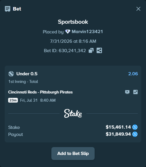 Bet slip: Cincinnati Reds - Pittsburgh Pirates, $15,461.14 stake at 2.06 odds, placed by Marvin123421
