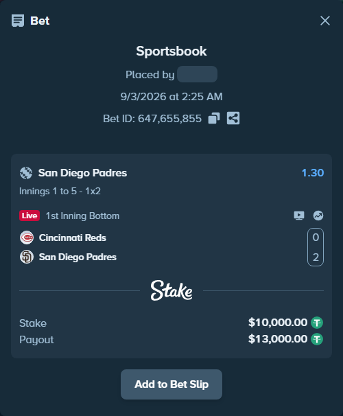 Bet slip: Cincinnati Reds - San Diego Padres, $10,000.00 stake at 1.30 odds, placed by Pepi1968