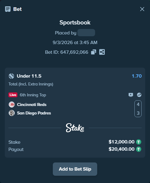 Bet slip: Cincinnati Reds - San Diego Padres, $12,000.00 stake at 1.70 odds, placed by Pepi1968