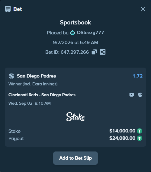 Bet slip: Cincinnati Reds - San Diego Padres, $14,000.00 stake at 1.72 odds, placed by OSleezy777