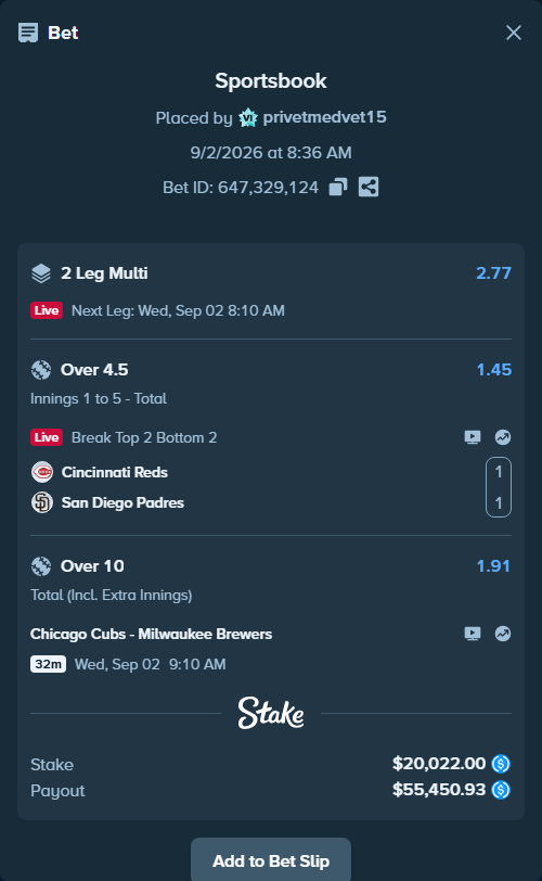 Bet slip: Cincinnati Reds - San Diego Padres, $20,022.00 stake at 1.45 odds, placed by privetmedvet15
