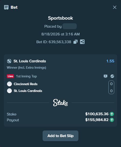 Bet slip: Cincinnati Reds - St. Louis Cardinals, $100,736.00 stake at 1.55 odds, placed by piropiro12