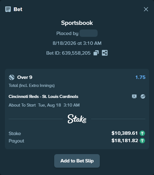Bet slip: Cincinnati Reds - St. Louis Cardinals, $10,400.00 stake at 1.75 odds, placed by Pepi1968