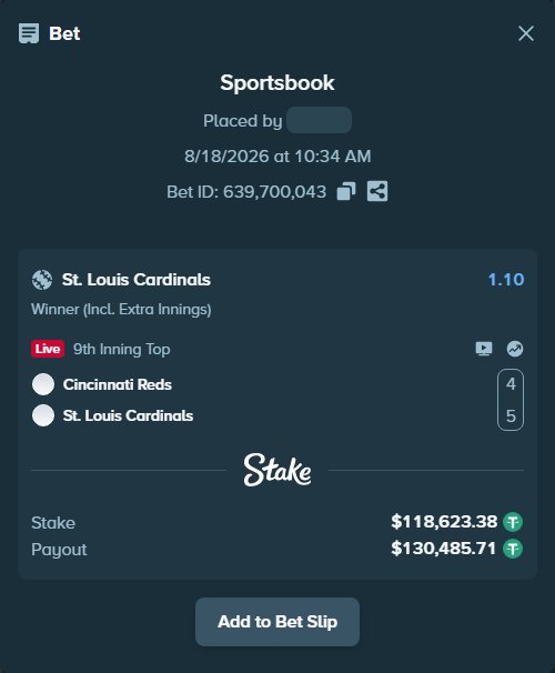 Bet slip: Cincinnati Reds - St. Louis Cardinals, $118,742.00 stake at 1.10 odds, placed by piropiro12
