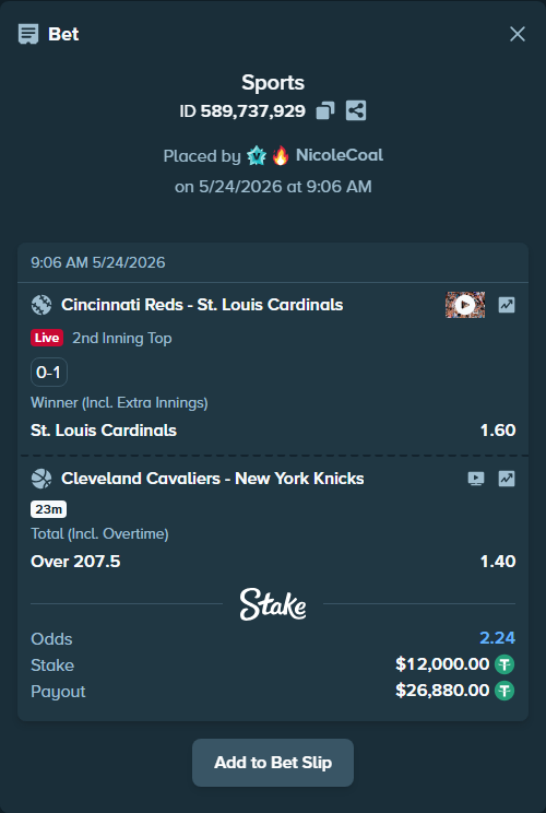 Bet slip: Cincinnati Reds - St. Louis Cardinals, $12,012.00 stake at 1.60 odds, placed by NicoleCoal