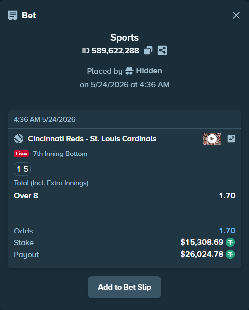 Bet slip: Cincinnati Reds - St. Louis Cardinals, $15,324.00 stake at 1.70 odds, placed by ArtTema