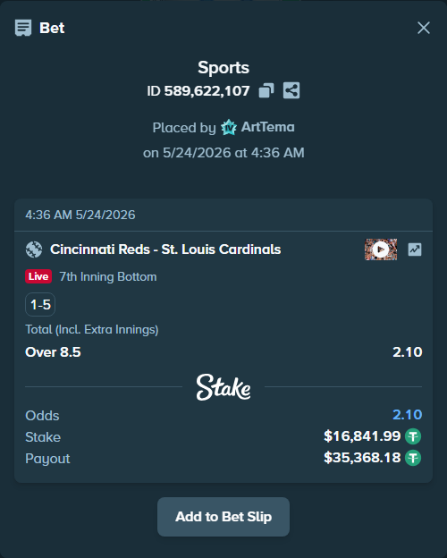 Bet slip: Cincinnati Reds - St. Louis Cardinals, $16,858.83 stake at 2.10 odds, placed by ArtTema