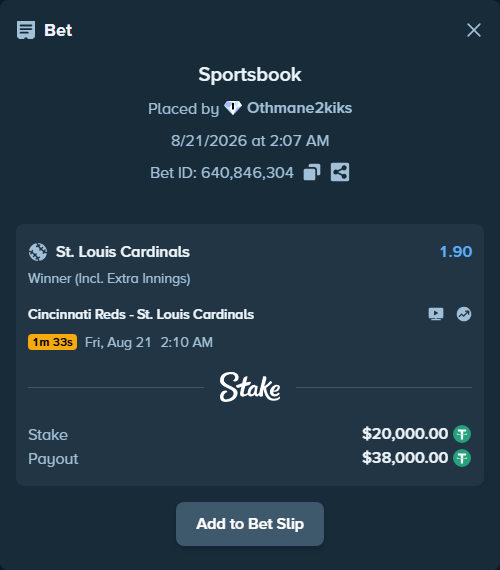 Bet slip: Cincinnati Reds - St. Louis Cardinals, $20,000.00 stake at 1.90 odds, placed by Othmane2kiks