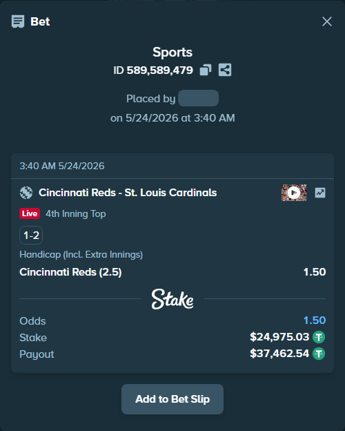 Bet slip: Cincinnati Reds - St. Louis Cardinals, $25,000.00 stake at 1.50 odds, placed by ArtTema