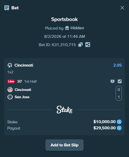 Bet slip: Cincinnati - San Jose, $10,000.00 stake at 2.95 odds, placed by Hidden