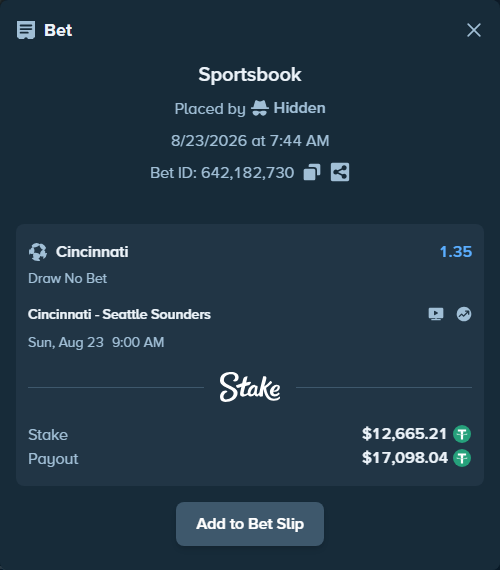 Bet slip: Cincinnati - Seattle Sounders, $12,663.95 stake at 1.35 odds, placed by Hidden
