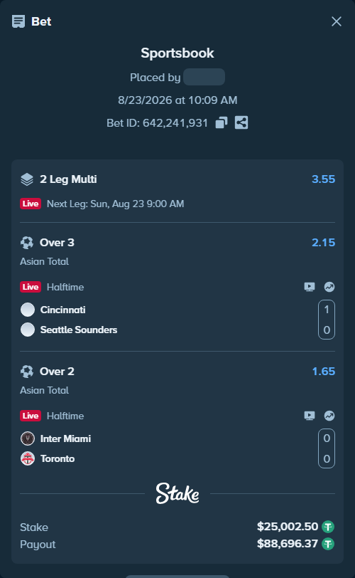 Bet slip: Cincinnati - Seattle Sounders, $25,000.00 stake at 2.15 odds, placed by tlwns4736