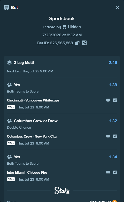 Bet slip: Cincinnati - Vancouver Whitecaps, $11,125.72 stake at 1.39 odds, placed by Hidden
