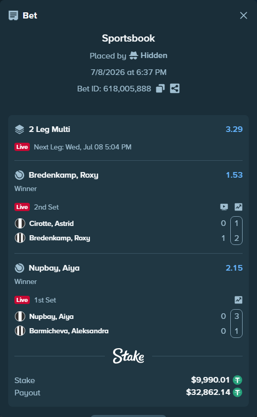 Bet slip: Cirotte, Astrid - Bredenkamp, Roxy, $10,000.00 stake at 1.53 odds, placed by Hidden