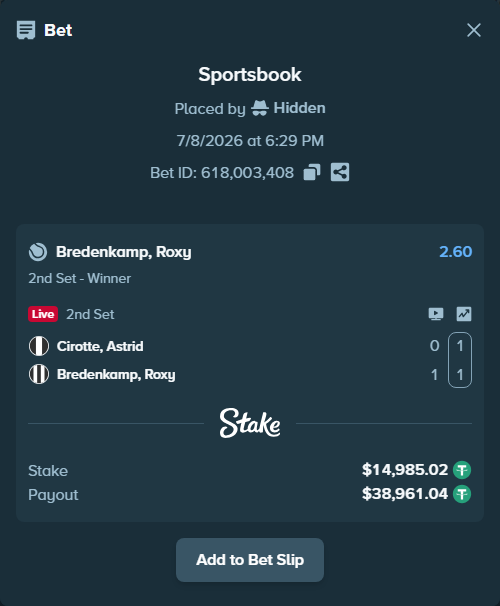 Bet slip: Cirotte, Astrid - Bredenkamp, Roxy, $15,000.00 stake at 2.60 odds, placed by Hidden