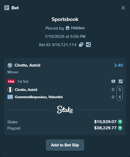 Bet slip: Cirotte, Astrid - Grammatikopoulou, Valentini, $15,945.00 stake at 2.40 odds, placed by Hidden