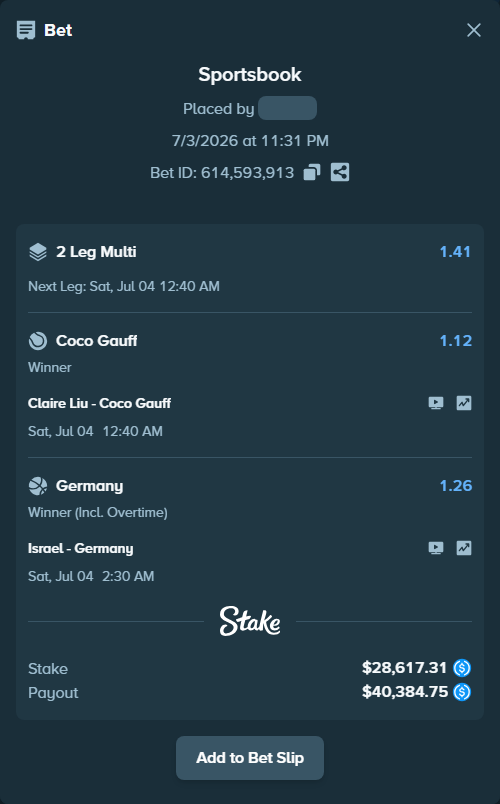 Bet slip: Claire Liu - Coco Gauff, $28,617.31 stake at 1.12 odds, placed by NstrBet
