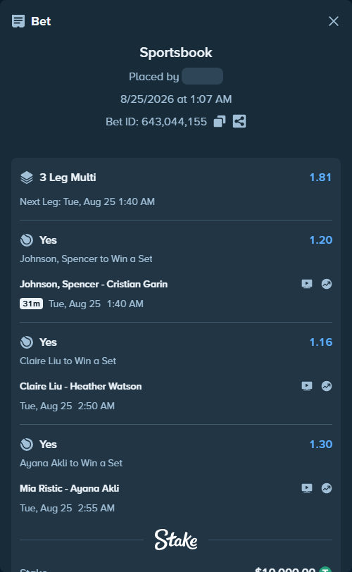 Bet slip: Claire Liu - Heather Watson, $10,000.00 stake at 1.16 odds, placed by nexxalink