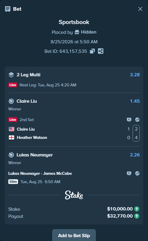 Bet slip: Claire Liu - Heather Watson, $10,000.00 stake at 1.45 odds, placed by Hidden
