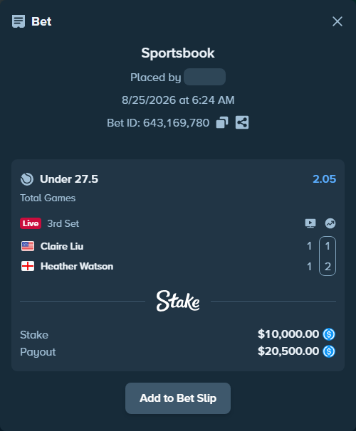 Bet slip: Claire Liu - Heather Watson, $10,000.00 stake at 2.05 odds, placed by privetmedvet15
