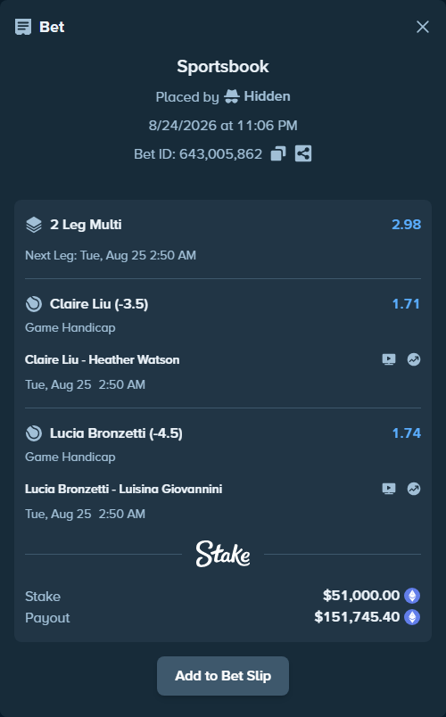 Bet slip: Claire Liu - Heather Watson, $49,333.08 stake at 1.71 odds, placed by Hidden